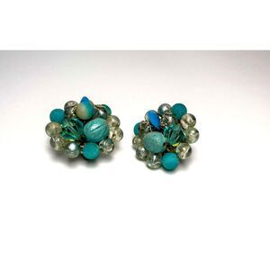 Vintage Blue Turquoise Faux Pearl Round Cluster Clip On Earrings 1"